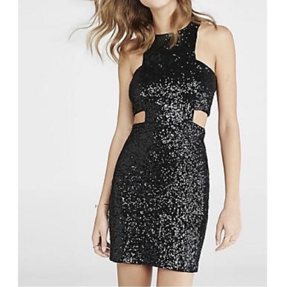 Teeze Me black all Sequin side cut out dress NYE goth mini bodycon 3/4